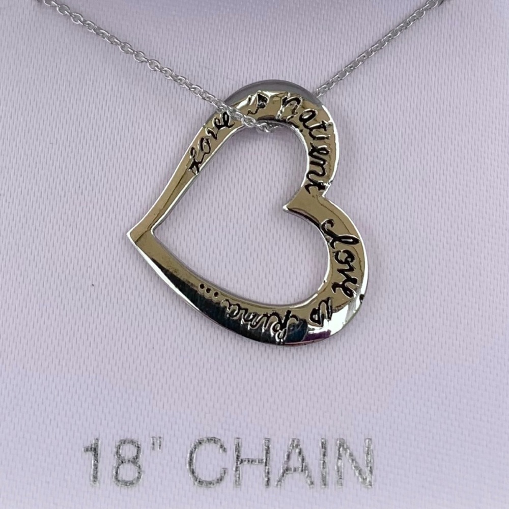 Sterling Silver Love is Patient Love is Kind Open Heart Necklace, 18” Chain